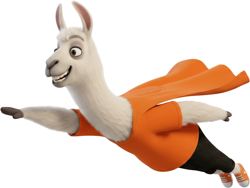 Tina the Llama flying like a superhero.
